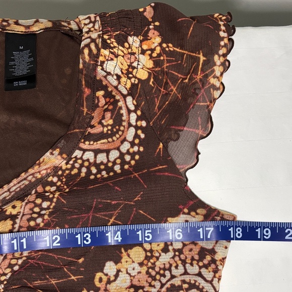 Y2k Fairy Vibes - Axcess Brown Cream Paisley Print Top w Flutter Sleeves Sz Med. - Picture 6 of 11
